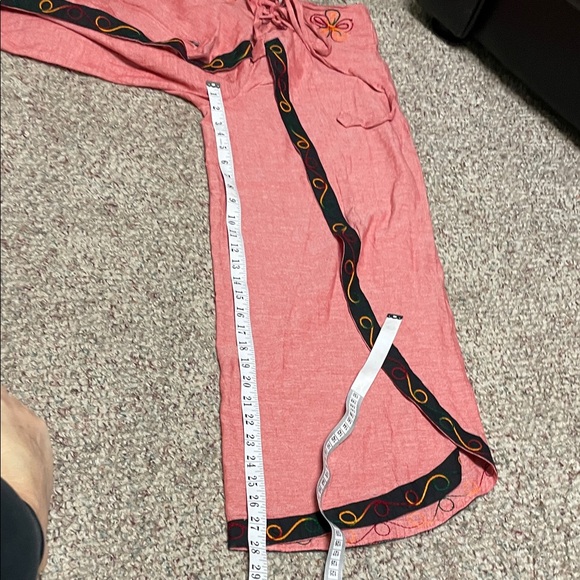 Vintage Nepalese drawstring waist red Wide-Leg Pants with Embroidered Trim - Picture 9 of 11